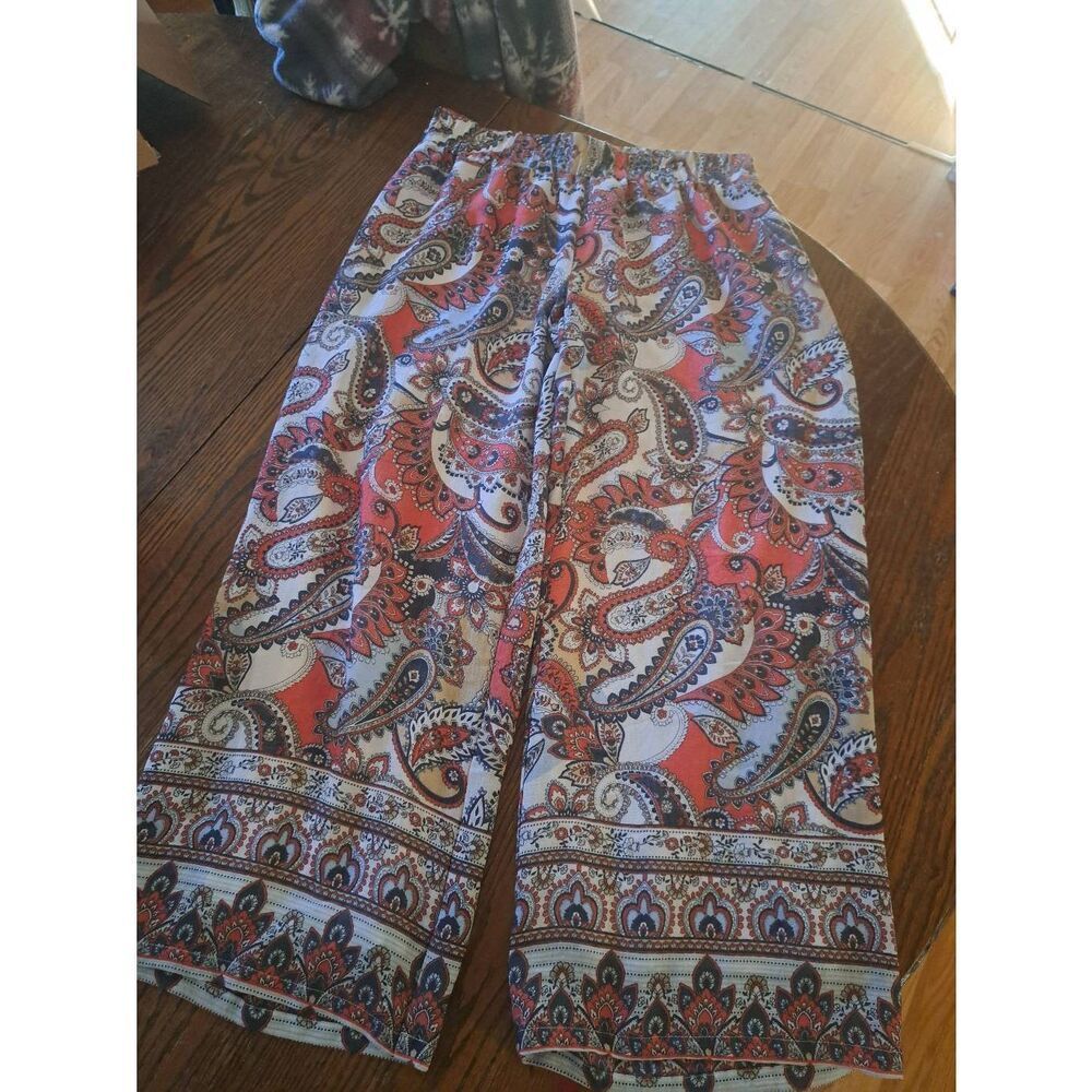 Large New Directions Red Blue White Floral Elastic Waist Wide Flare Leg Pants
